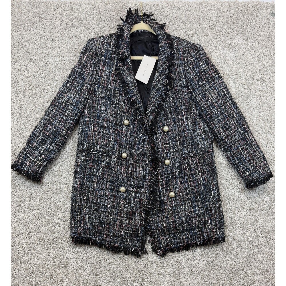 Zara Woman XL Tweed Boucle Long Blazer Jacket Pearl Buttons Fringe Trim NWT
